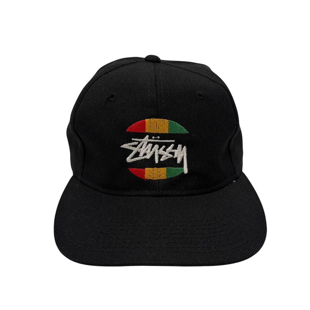 VTG 90's Stussy Rasta Reggae Skate Surf Adjustable Snapback Baseball Hat Black